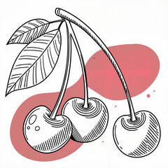 Cherries with stems in pencil line art style in black and white representing natural simplicity and botanical elegance