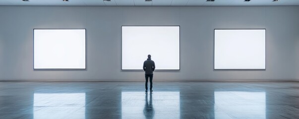 Empty gallery space with three blank canvases and a single figure