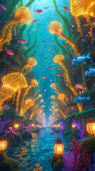 Enchanted Underwater Forest with Bioluminescent Marine Life and Vibrant Coral Reefs