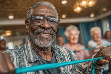 Black senior man practicing with power band on exercise class at residential care home. High quality