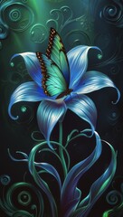 ethereal glowing butterfly perched on a luminous blue flower amidst swirling abstract background