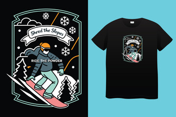 Downhill Snowboarder Racing in Winter Forest – Graphic Tee Design, Freestyle Snowboarding Vector – Snowy Mountain Sport Artwork, Cool Snowboarder in Winter Landscape – Sporty T-Shirt Illustration.