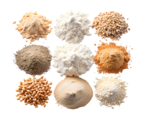 Flat Lay of Various Flours: Assorted flour types in small piles arranged neatly in flat lay on transparent background: rice flour, oat flour, almond flour, wheat flour, PNG