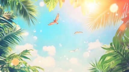 Tropical Paradise Background with Blue Sky and Leaves