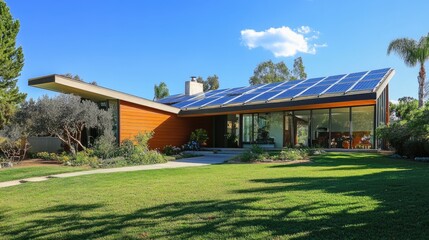 Modern Eco-Friendly House with Solar Panels and Lush Green Lawn