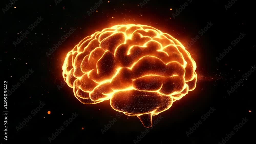 Poster glowing brain surrounded by particles symbolizes advanced technology and intelligence.