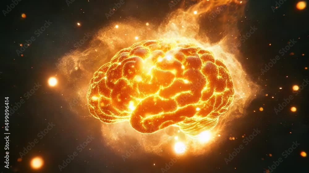 Poster glowing brain surrounded by particles symbolizes advanced technology and intelligence.