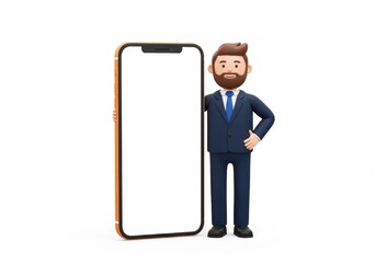 3D Illustration of Cartoon businessman presenting a smartphone isolated on white background