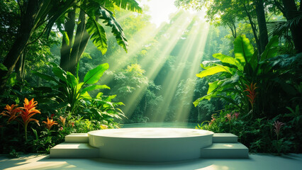 Lush tropical paradise backdrop featuring illuminated stage surrounded by greenery and sunlight