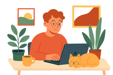 Freelancer or employee working from home in cozy space with coffee and laptop