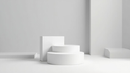 Minimalist white product display podium stage with geometric shapes for presentation mockup