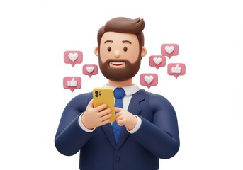3D Illustration of Man in suit using smartphone with social media notifications isolated on white background