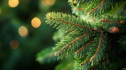 Christmas tree branch, bokeh lights, close-up, festive, holiday card