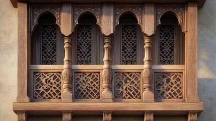 Ornate Wooden Balcony with Intricate Carvings and Archways