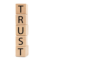 wooden cubes with TRUST text isolated on white background. Brand building for success concept....