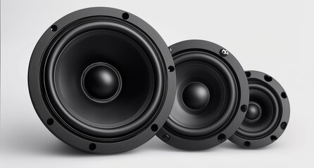 Three subwoofers in varied sizes displayed on pristine white surface, ideal for audio equipment retailers showcasing product ranges or home theater system upgrades.