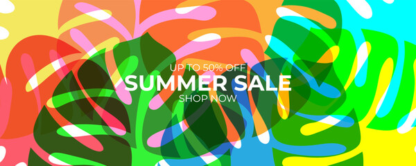 Summer Sale. Summertime season sale commercial banner with bright tropical leaves for retail, summertime seasonal shopping, sale promotion and advertising. Vector illustration.