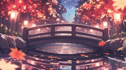 Autumnal Bridge at Night: A Peaceful Forest Scene