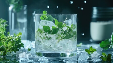Refreshing Iced Mint Drink with Ice Cubes in Glass, Closeup