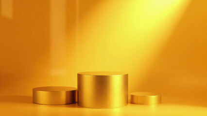 Golden cylindrical podium display with illuminated spot light on a bright yellow background