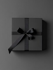 A square, matte black gift box with a simple, dark ribbon tied in a bow sits on a dark gray background