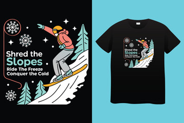 Cool Snowboarding Guy in Alpine Mountains – Adventure Vector T-shirt Art, Extreme Snowboarding Illustration – Alpine Ski Resort Adventure, Downhill Snowboarder Racing in Winter Forest.