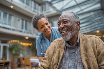 Young black nurse assists senior man in wheelchair at nursing home. High quality