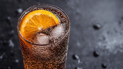 Close-up of a refreshing beverage with ice and citrus.