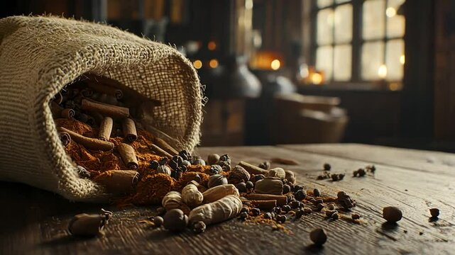 Spiced burlap bag spills aromatic blend on rustic table