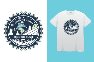 Cool Snowboarding Guy in Alpine Mountains – Adventure Vector T-shirt Art, Extreme Snowboarding Illustration – Alpine Ski Resort Adventure, Downhill Snowboarder Racing in Winter Forest.