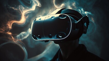 Futuristic Virtual Reality Headset in a Dark Atmosphere with Steam and Smoke Effects