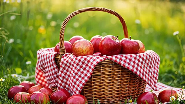 Wicker basket filled with red apples and checkered cloth outdoors