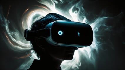 Futuristic virtual reality user engaging with immersive digital environment