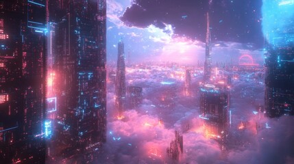 Fototapeta premium Futuristic cityscape above clouds