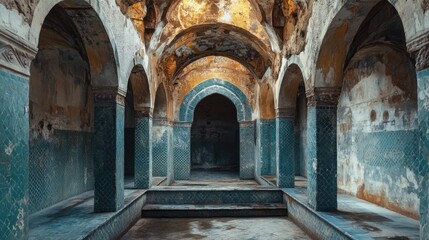 Ruins of an ancient bathhouse: Teal tiles, aged arches, and weathered walls, an evocative historical scene.