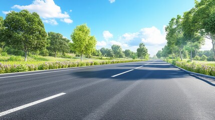 Scenic Summer Road: Asphalt Highway Through Lush Green Trees and Wildflowers