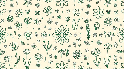 Flower and Leaf Pattern in Green Outline