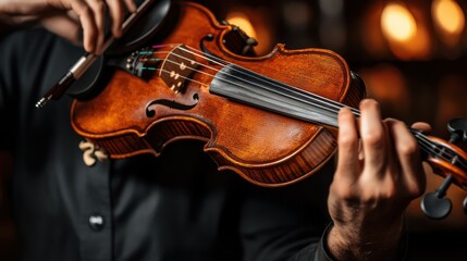 Fototapeta premium Violinist playing antique violin, close-up, warm-lit background, concert