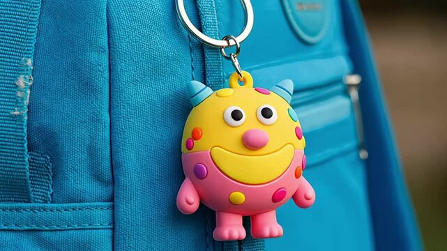 Cute monster keychain hanging on a blue backpack outdoors