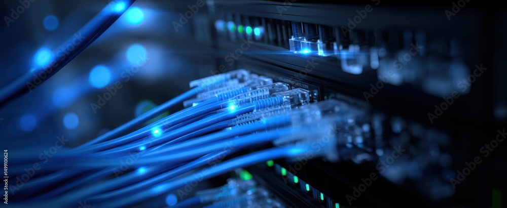 Poster the modern data center with illuminated blue network cables and servers.