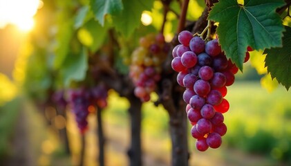Fototapeta premium Sun-drenched grapes hang heavy on the vine, ready for harvest and the transformation into delicious homemade grapevine wine A picturesque scene of rural winemaking , wine press, rural, wine