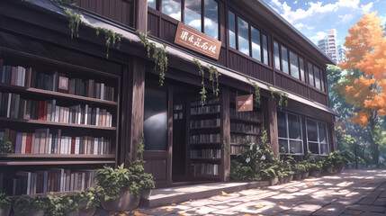 Obraz premium Charming Bookstore in a Peaceful Japanese Town