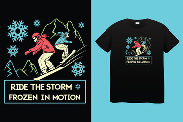Cool Snowboarding Guy in Alpine Mountains – Adventure Vector T-shirt Art, Extreme Snowboarding Illustration – Alpine Ski Resort Adventure, Downhill Snowboarder Racing in Winter Forest.