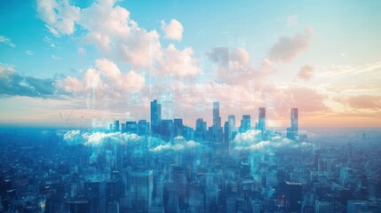 Fototapeta premium Futuristic city skyline at sunrise