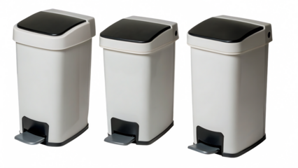  pedal bins or pedal trash cans, indoor waste disposal containers that have foot pedal mechanism for hands free operation, used in kitchens, bathrooms or offices isolated on white background , PNG 