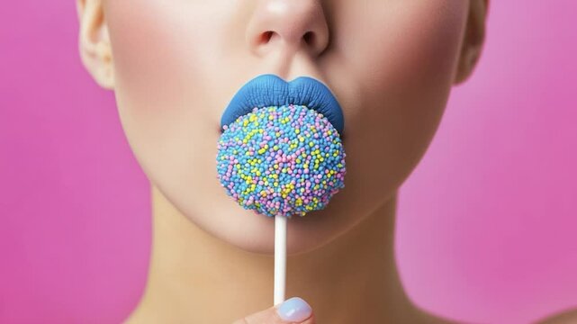 Close-up of woman eating colorful cake pop
