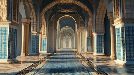 Sunlit Blue and Gold Palace Corridor: Majestic Islamic Architecture