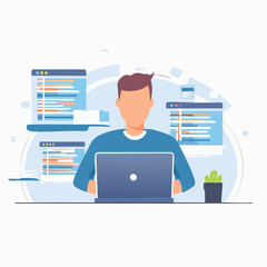 Businessman using laptop in a modern office concept illustration