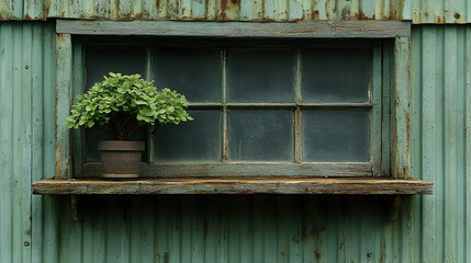 Rustic Window with Green Plant Against Weathered Corrugated Metal Texture