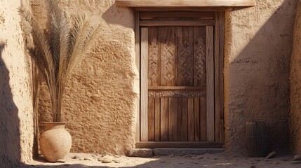 Sunlit Desert Oasis: Rustic Wooden Door and Dried Palm in Clay Building